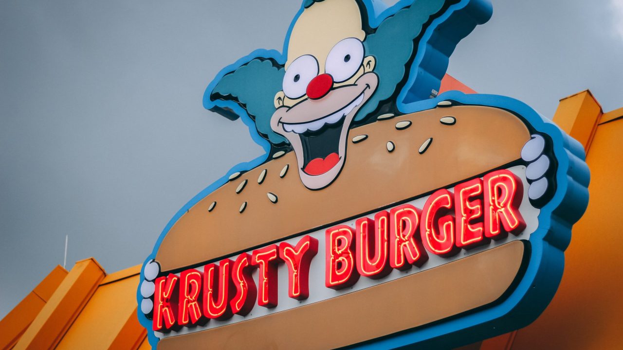 Krusty Burgeri neoonsilt kloun Krusty kujuga